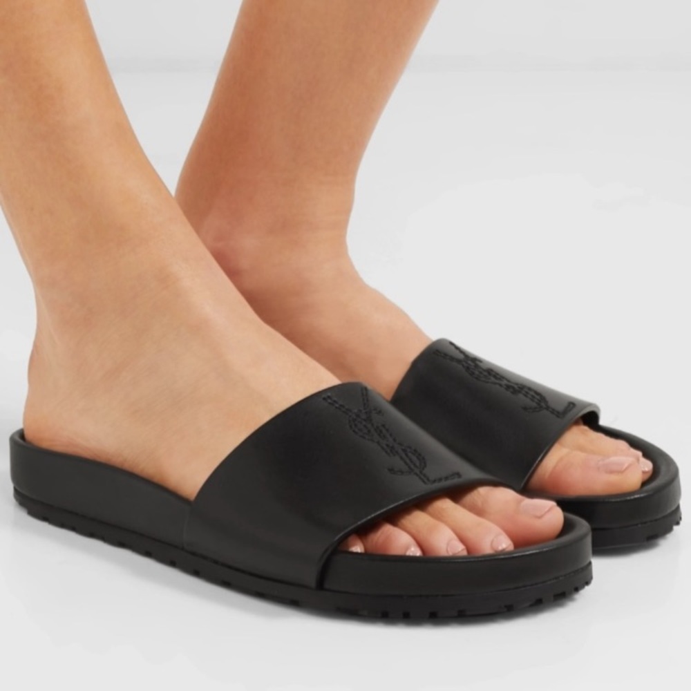 Yves Saint Laurent YSL Logo Jimmy Black Leather Slide Sandals
